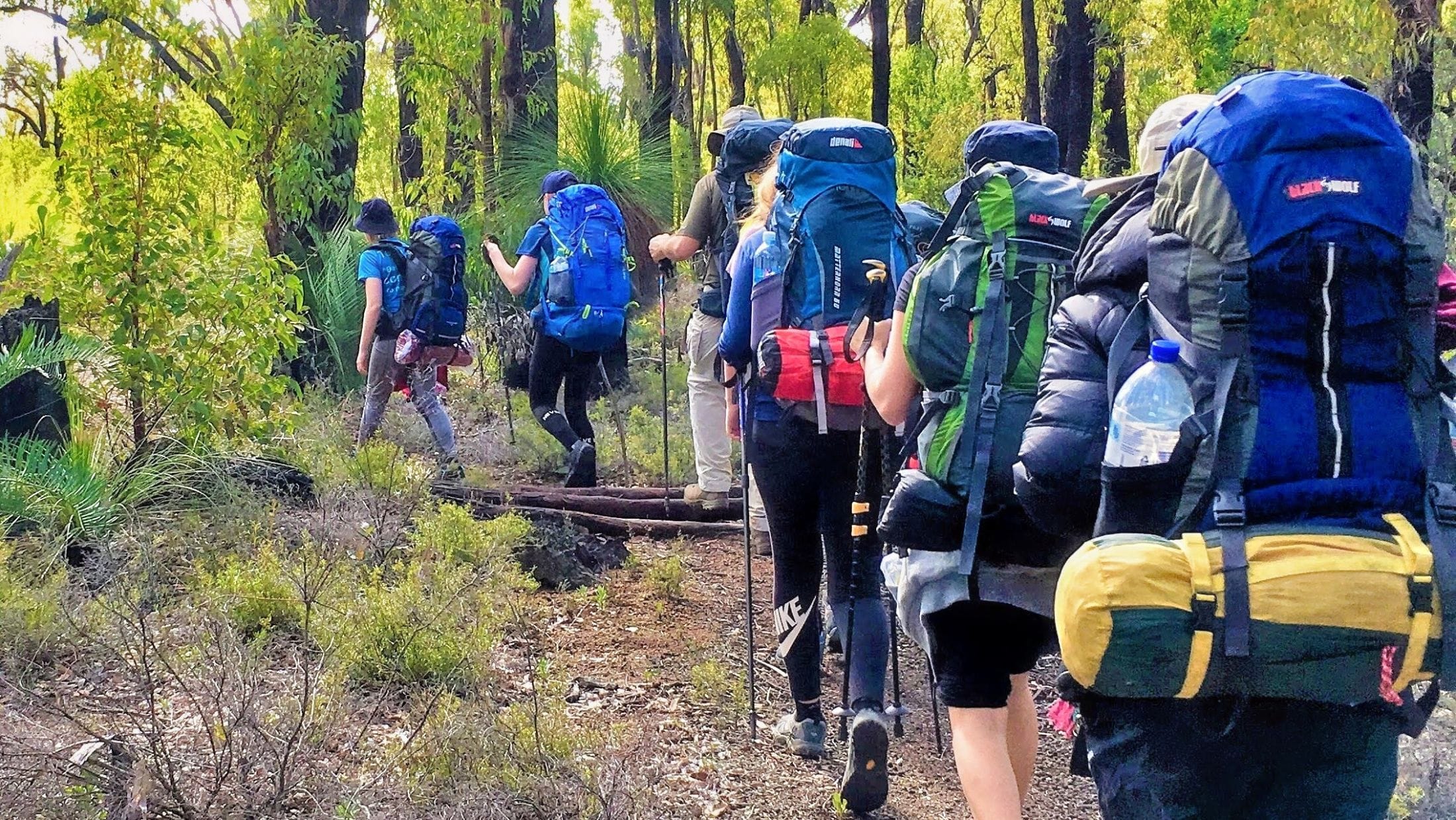 group of teens hiking through bush with big backpacks